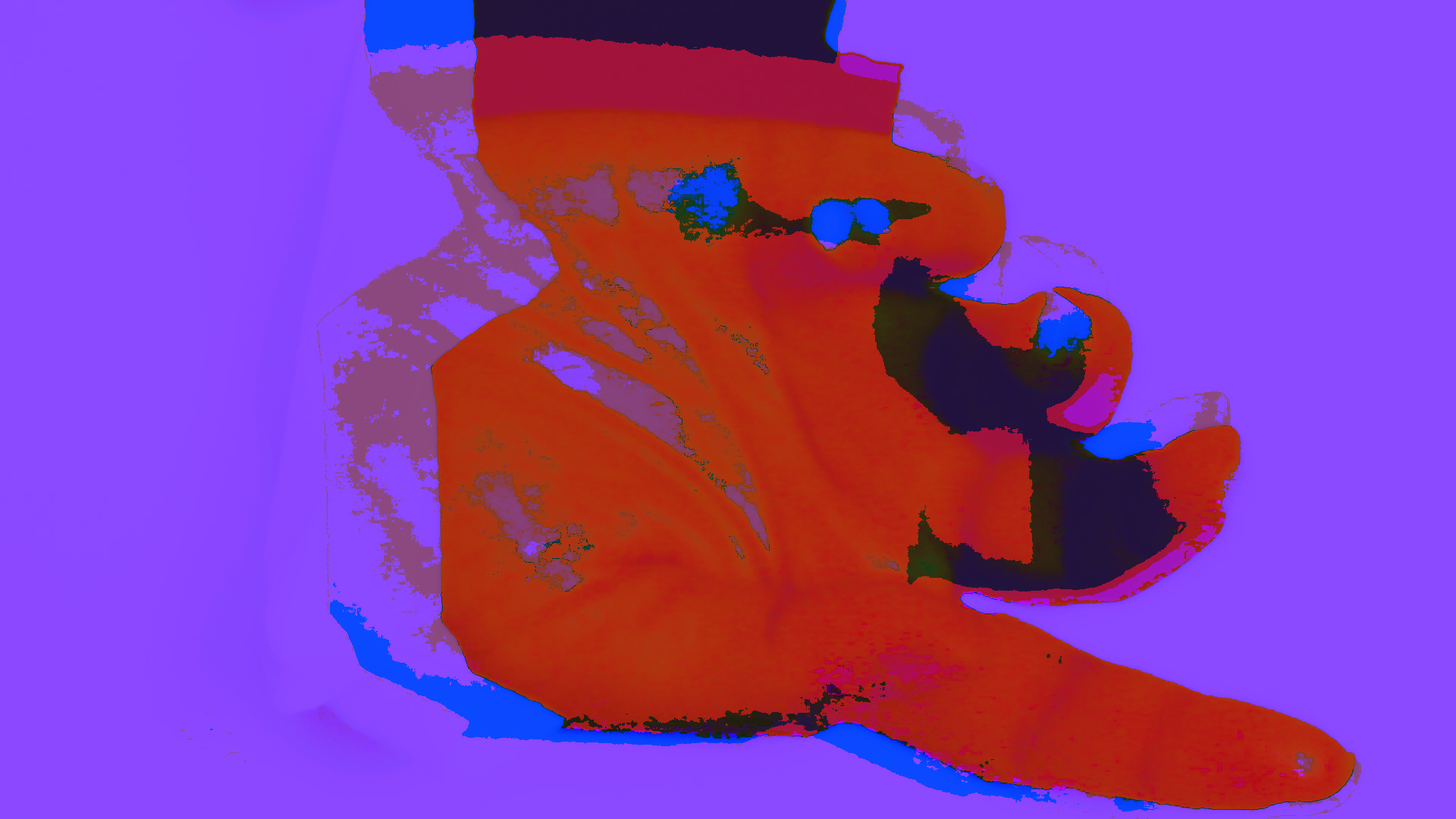 A digitally processed image showing part of a hand, palm-side up with index finger extended, rendered in saturated red, black, blue, mauve on a purple background.