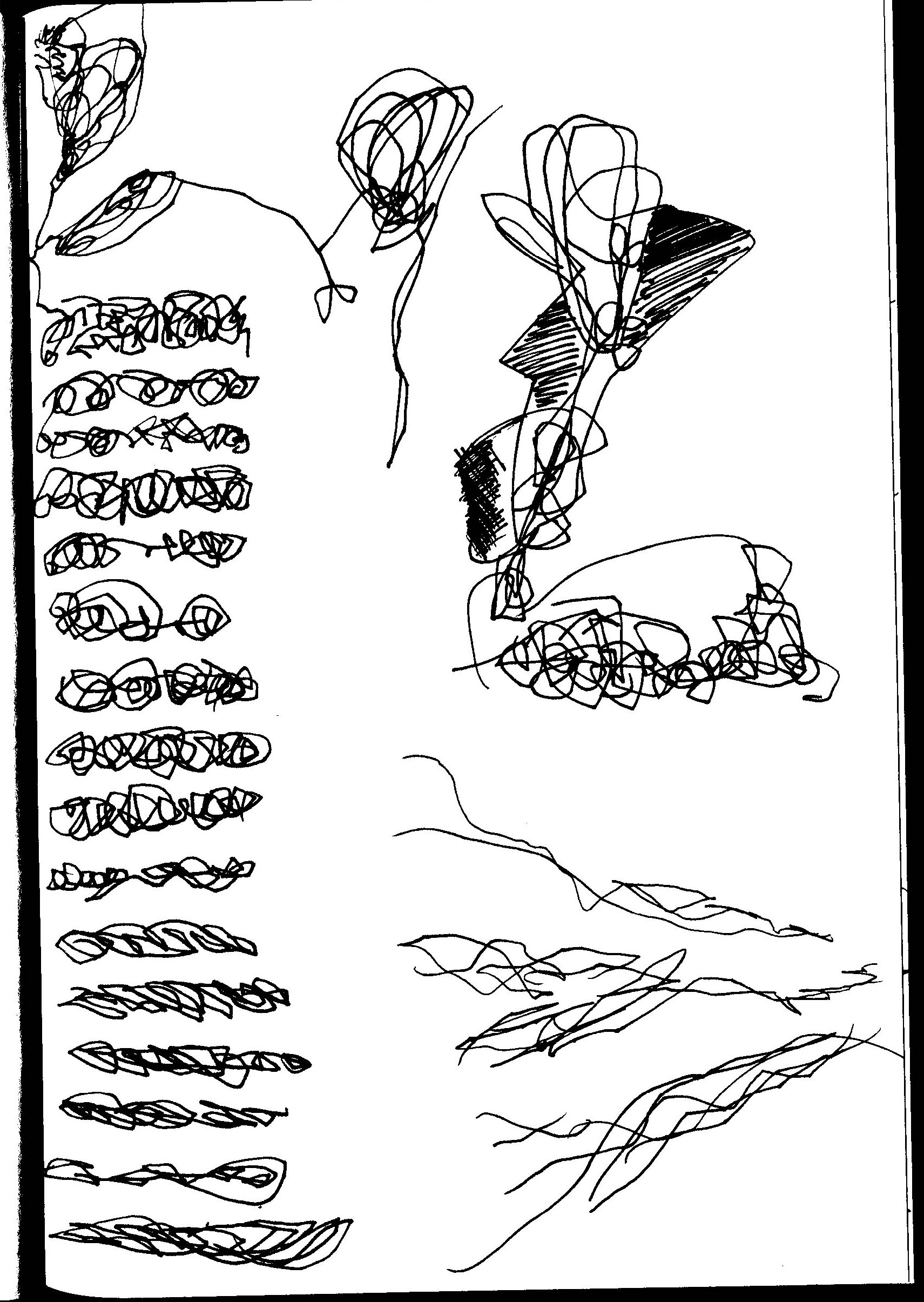 A drawing with black circular marks forming scribbles, shapes and contours; along one side the marks are stacked in a way that suggests writing.