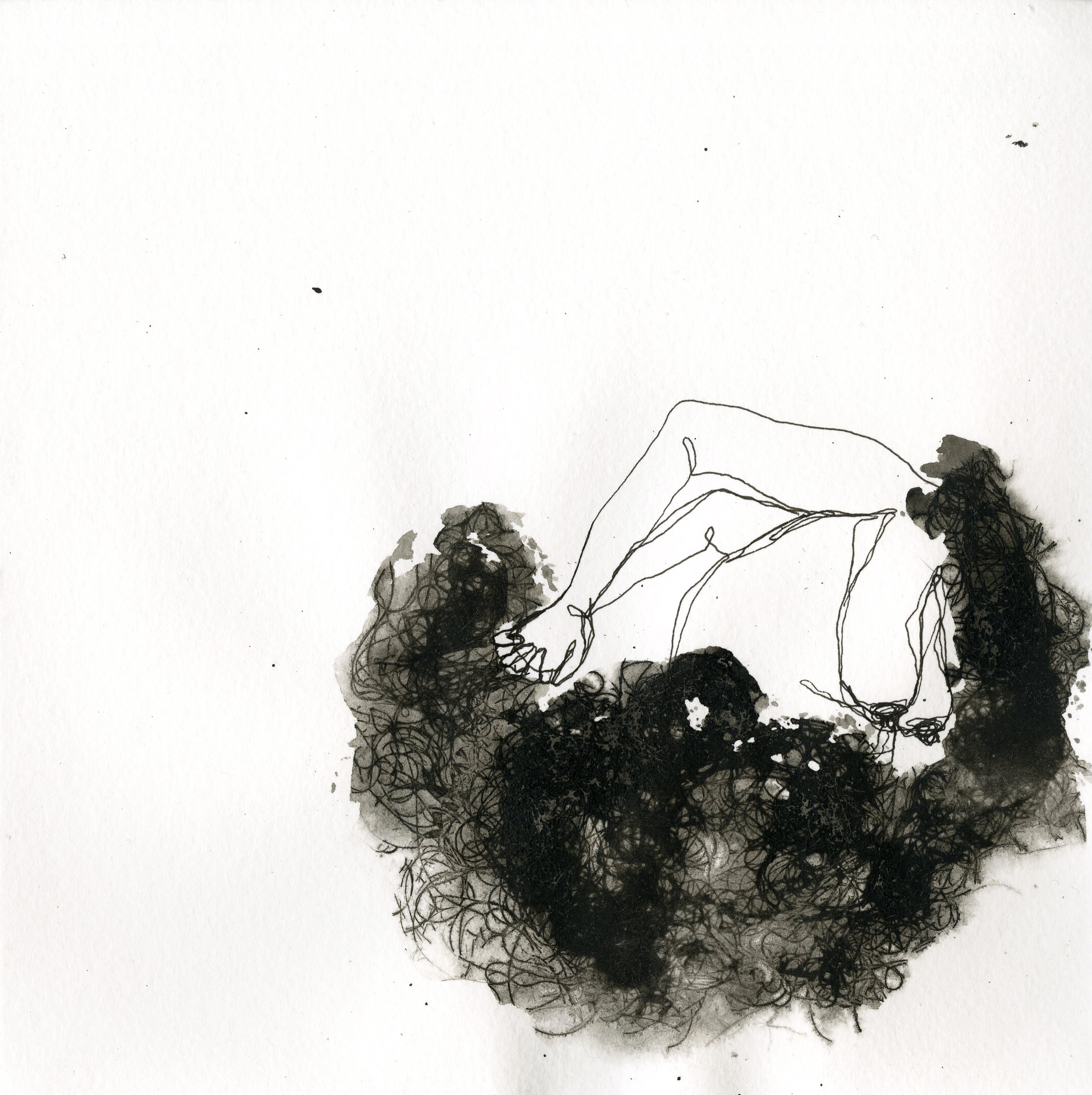 A continuous line drawing of a bent nude torso with breasts, hands clasped behind its back, engulfed by dense clouds of hair and ink.