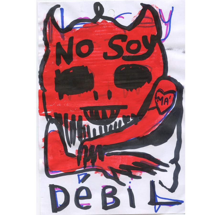 A drawing with a quickly sketched figure over roughly brushed red paint. The figure has horns and sharp teeth. On its forehead are the words, “No Soy”, a heart shaped tattoo on its shoulder reads “MA”, and lettering below “Debil”.